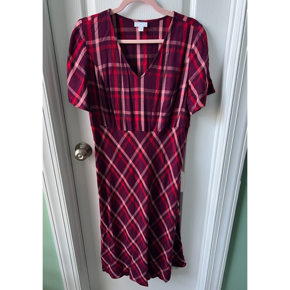 J Jill Red Plaid Empire Waist Short Sleeve High Low Midi Dress Size M‎
